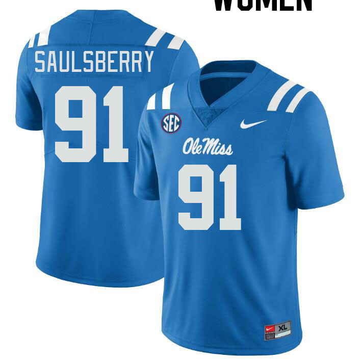 Women #91 Myles Saulsberry Ole Miss Rebels College Football Jerseyes Stitched Sale-Powder Blue - Click Image to Close